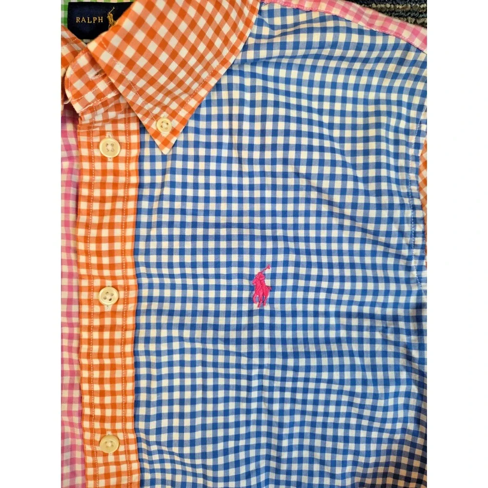 Ralph Lauren Boys Sz 8 Gingham Colorblock Button Down Shirt Multi Color Preppy